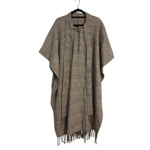 Nomadic Boho Wool Poncho Fringed Trim Cape Two Button Shawl Wrap Bohemian Mexico